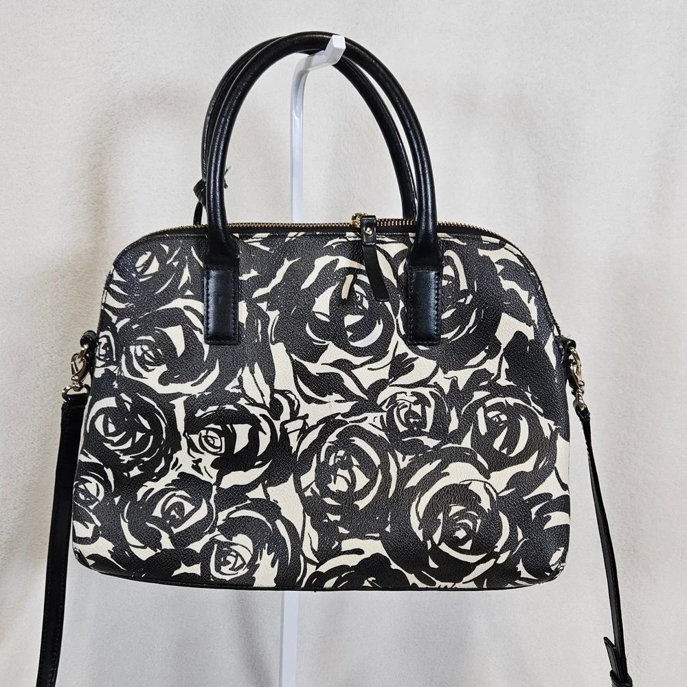 Kate Spade Rose Floral Print Satchel Black White Rachel Crossbody Bag